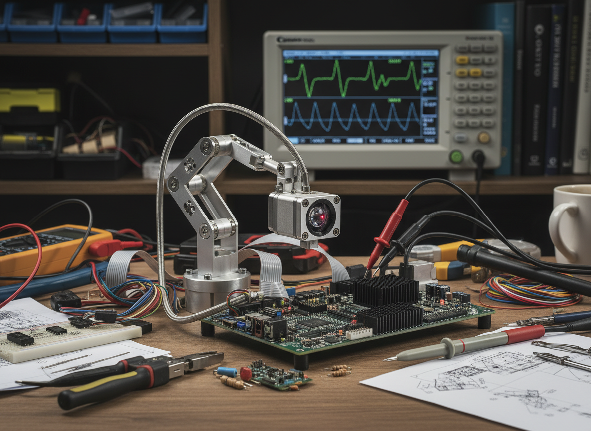Integrated optoelectronic solution showing laser sensor, camera module, embedded system board, and optical component assembly for full-spectrum technical development.